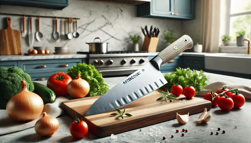 A kitchen knife is placed on a cutting board with various vegetables, prompting thoughts on whether Aster Cook is a good knife brand.