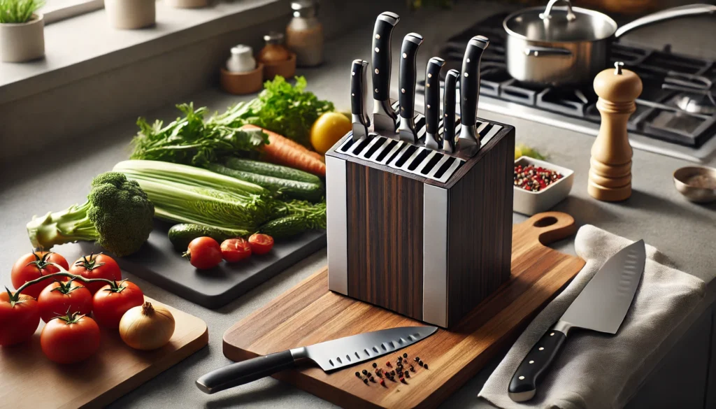 A cutting board displays a knife block filled with knives, highlighting essential kitchen equipment. Are self sharpening knife blocks good?