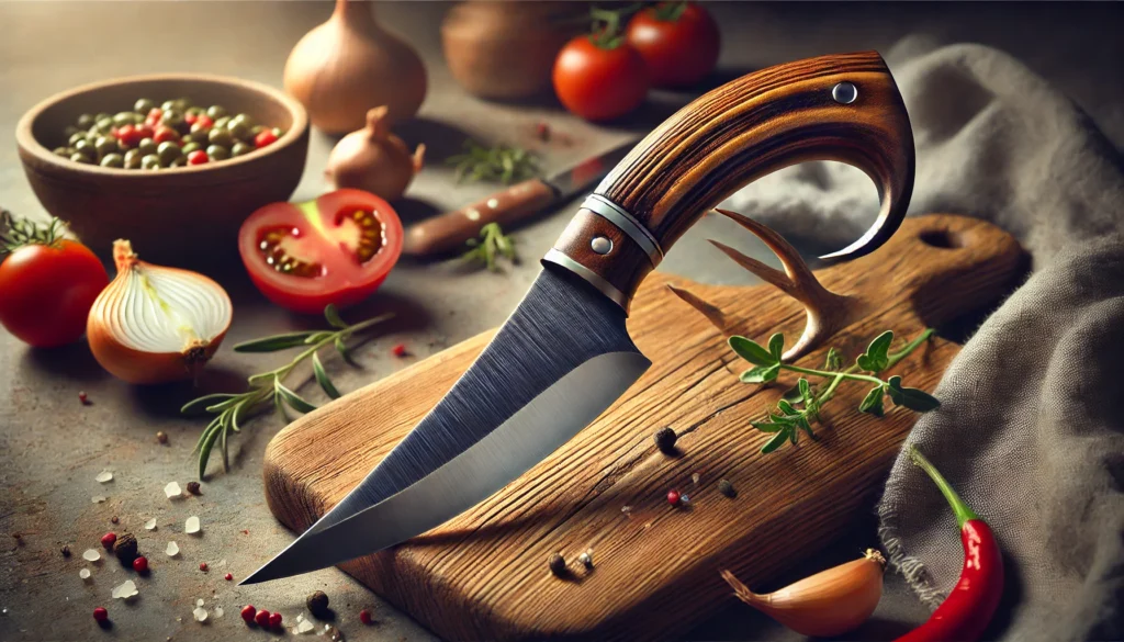 A knife rests on a cutting board with spices, showcasing what an Ulu knife is used for in cooking and meal prep.