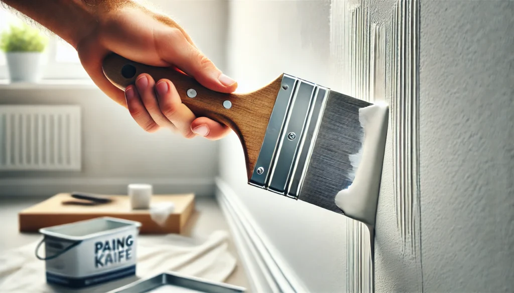 A person applies paint to a wall with a brush, showing how to use a taping knife for painting.