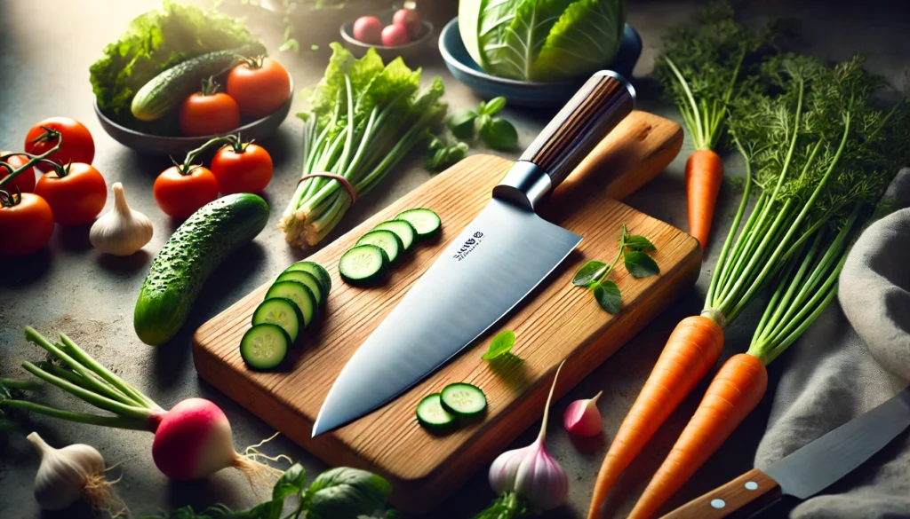 A knife placed on a cutting board, surrounded by fresh vegetables, showing what a Usuba knife is used for in meal preparation.