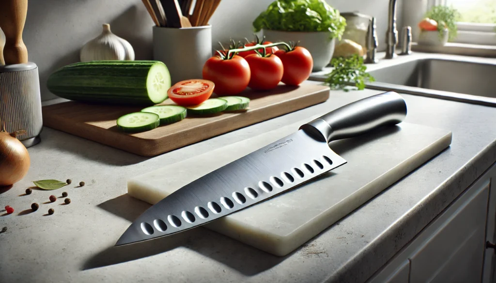 A  hollow edge knife is placed on a cutting board, showcasing the design of a hollow edge knife for efficient cutting.