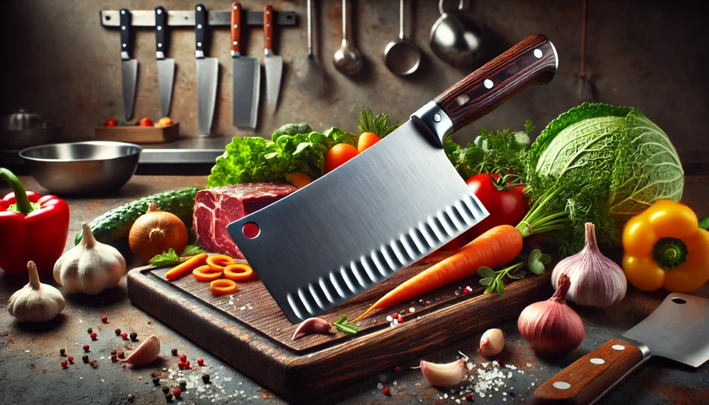 A large cleaver knife placed on a cutting board with various vegetables and spices, highlighting what is the purpose of a cleaver knife.