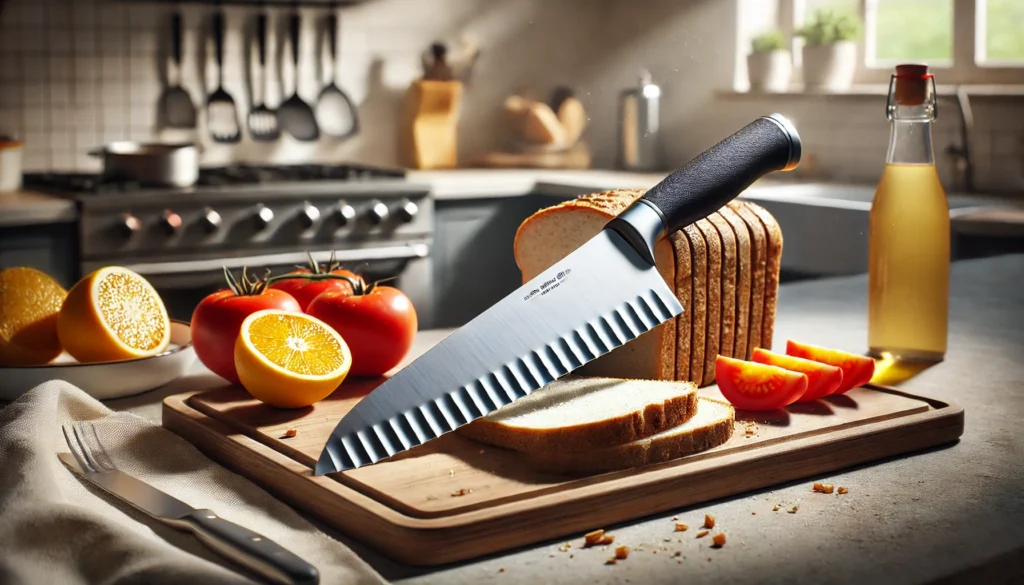 A kitchen knife placed on a cutting board, showing what a serrated knife is used for in everyday cooking tasks.