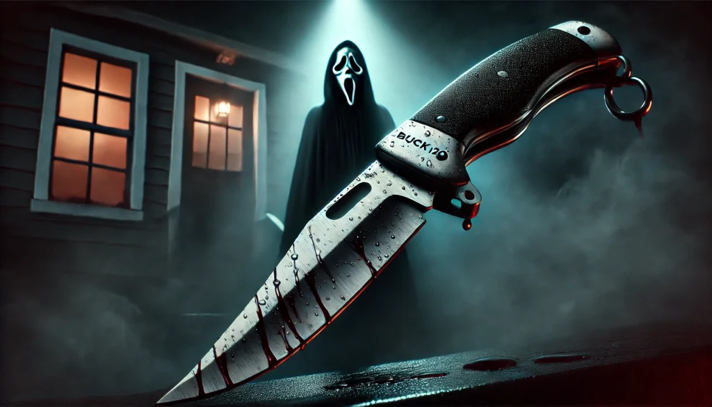 In a dark setting, a knife is displayed with a ghostly figure behind it. What knife does Scream use?