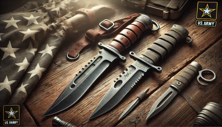 Three knives are placed on a table next to an American flag, highlighting the question: What knife does the US Army use?