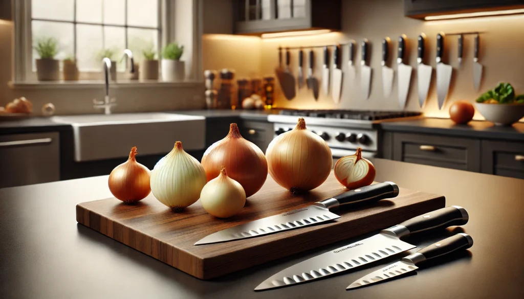 A kitchen counter with various knives and onions, showing what knife to use to cut onions easily.