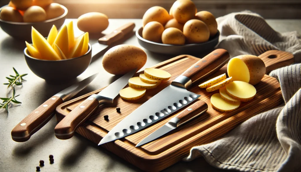  A wooden cutting board displaying potatoes and a knife, showing what knife to use to cut potatoes easily.