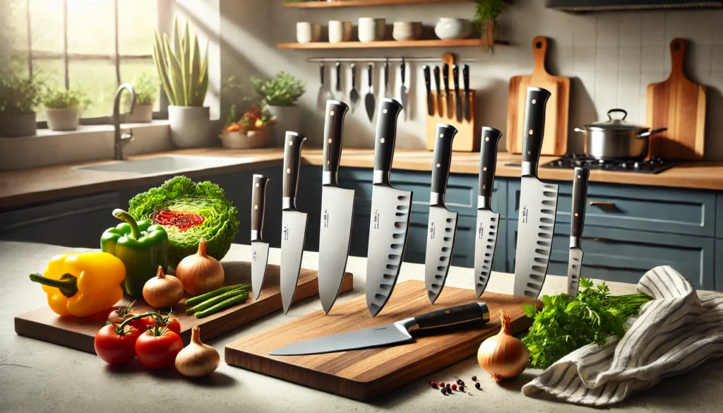 A cutting board with knives and vegetables in a kitchen, illustrating the question, "What size chef knife do I need?"