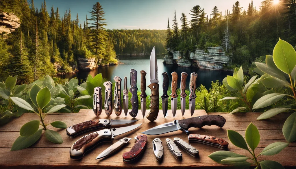 Several knives are displayed on a table near a lake, prompting thoughts on what size knife is legal to carry in Wisconsin.