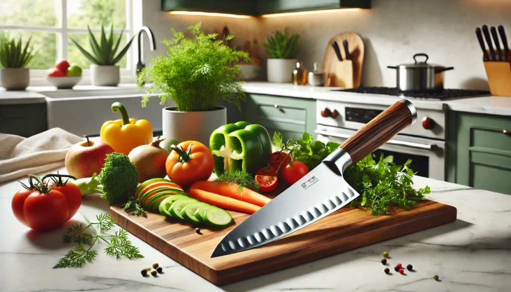  A knife is placed on a cutting board with colorful vegetables and herbs, showing what to use a Santoku knife for.