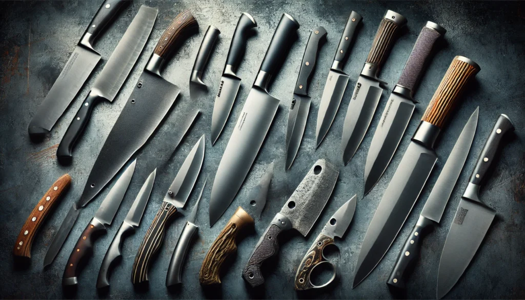 Different knives placed on a dark backdrop, emphasizing their features and craftsmanship. What's the best steel for a knife?