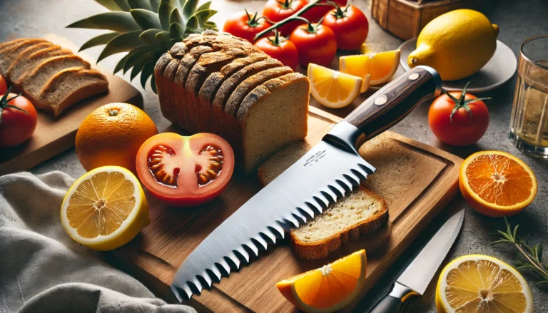 A knife rests on a cutting board surrounded by bread, oranges, and other food, illustrating when to use a serrated knife.