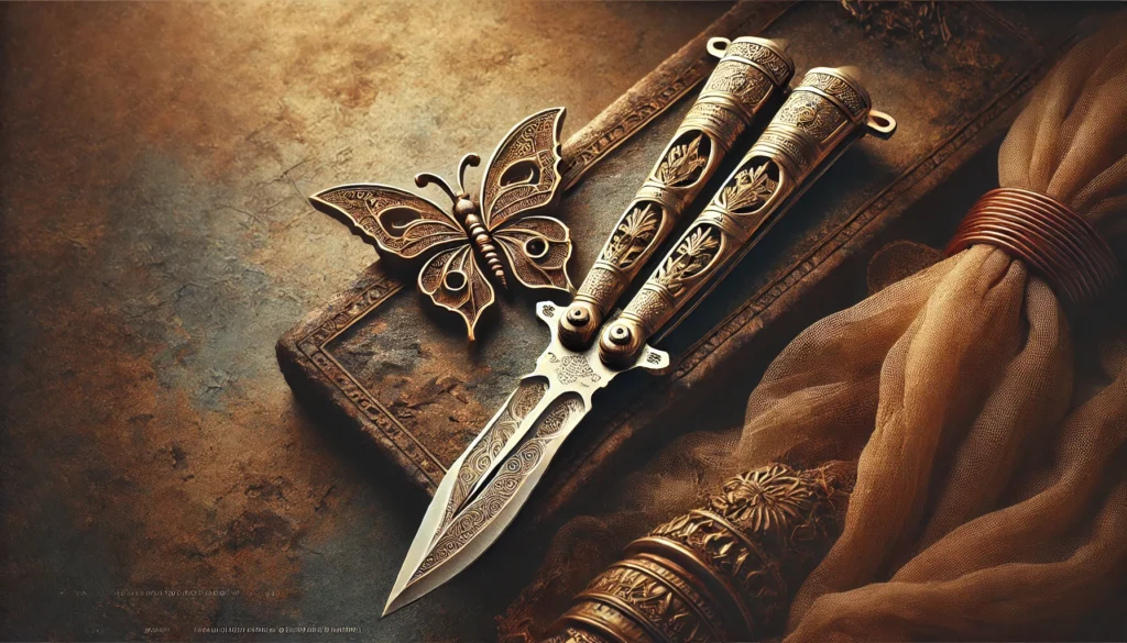 A table displays a knife alongside a butterfly, prompting thoughts on where did butterfly knife come from.