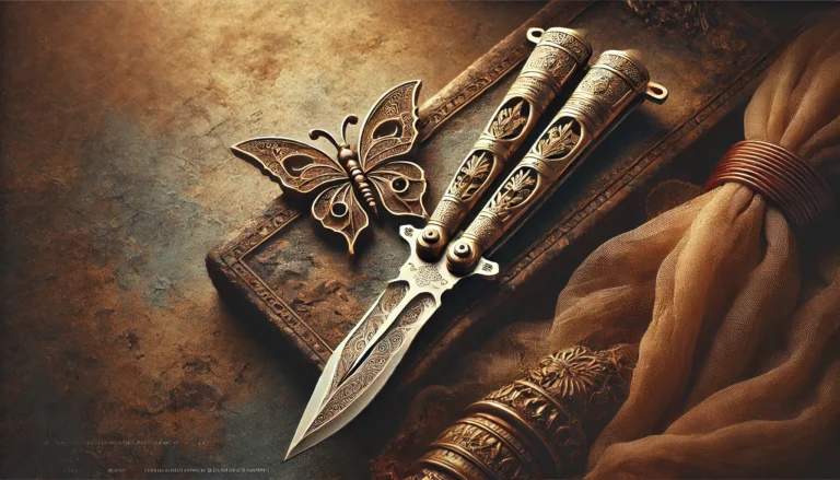 A knife and a butterfly resting on a table, illustrating the question: Where did butterfly knife come from?