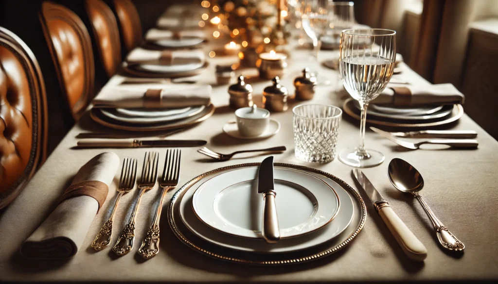 A table set with silverware and place settings, illustrating where to put the steak knife in table setting for a meal.