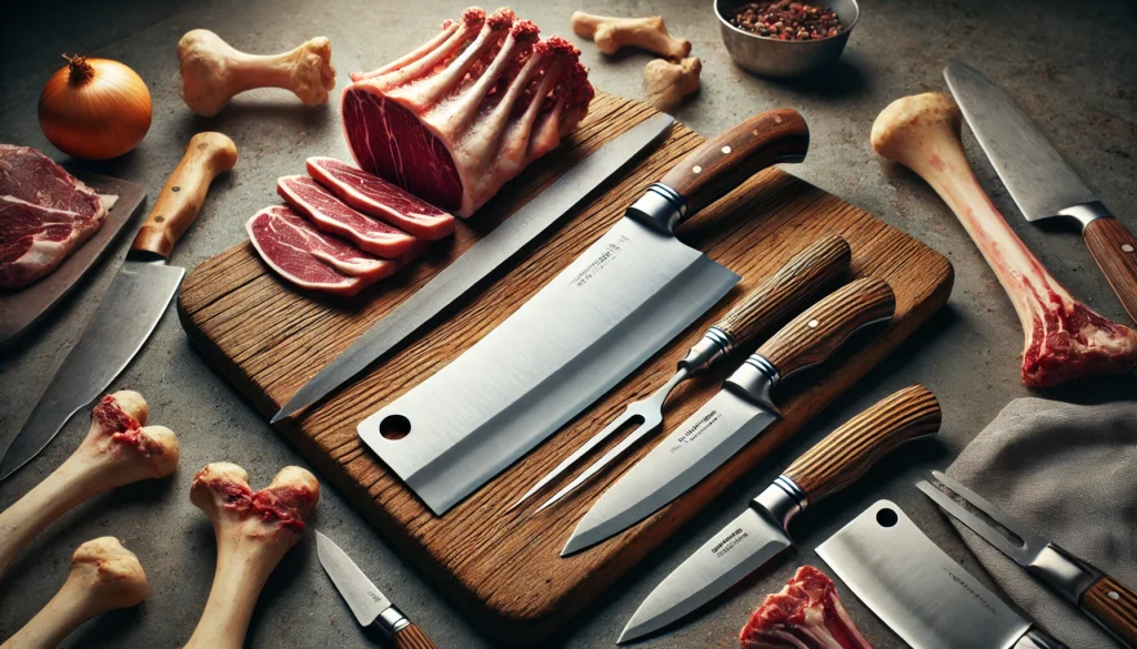 A cutting board with various knives and meat, highlighting the topic: Which knife is best for cutting through bones?