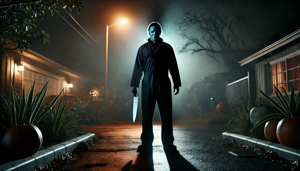 At night, a man in a dark suit stands before a house, reflecting on why does Michael Myers use a kitchen knife.