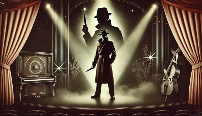 A man in a hat stands before a stage featuring a piano and a violin, pondering why "Mack The Knife" was banned.