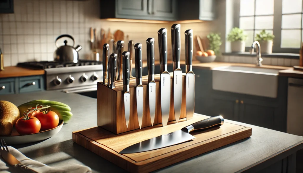 A wooden knife block with six knives displayed, an essential for any kitchen. Discover how long do knife sets last.