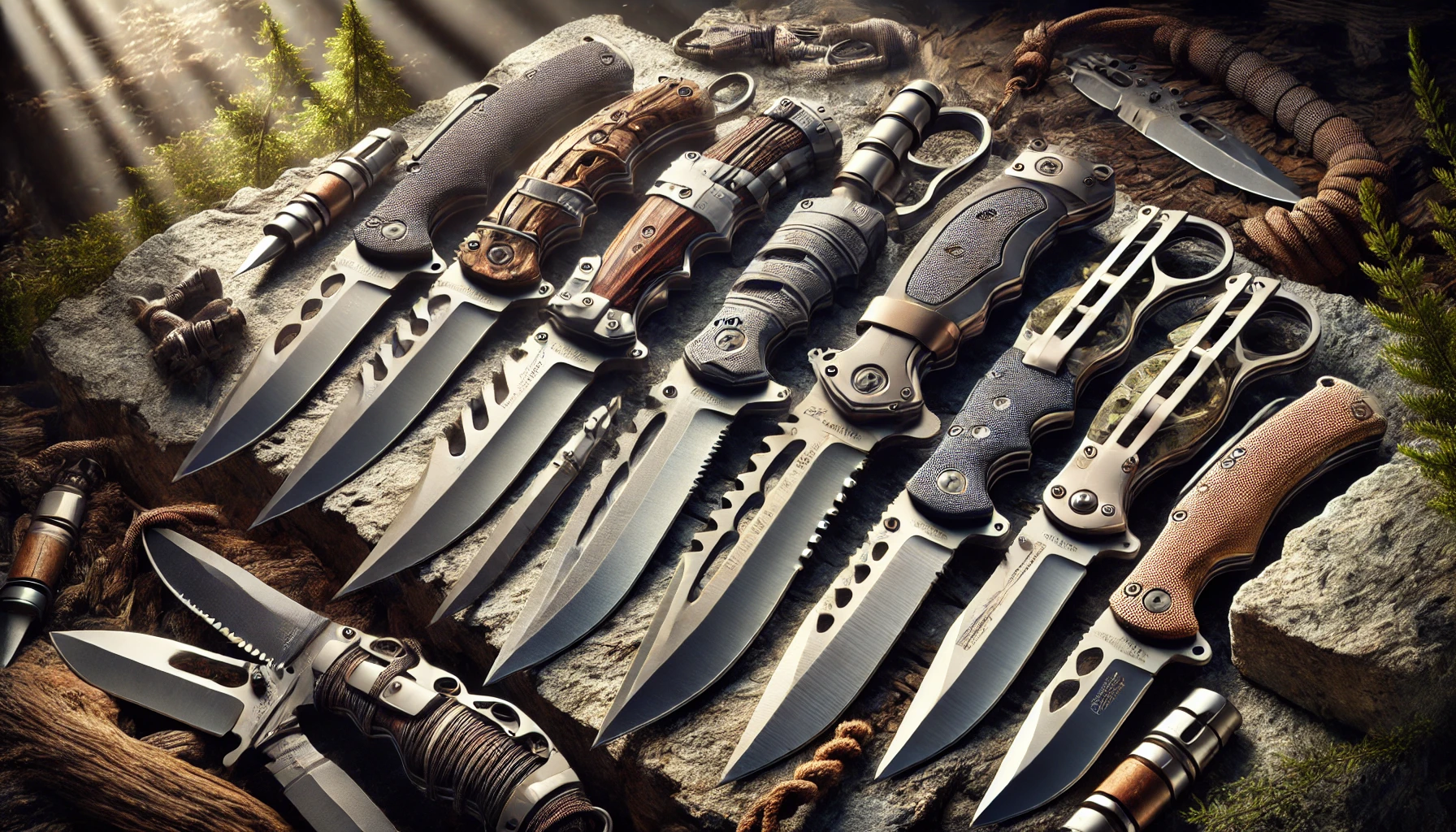 A collection of knives resting on a rock, showcasing the 10 Best Combat Knives for outdoor enthusiasts.