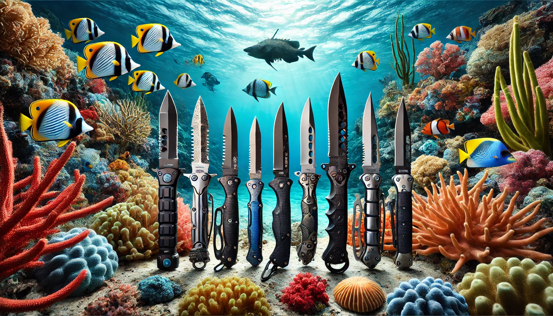 A collection of knives and tools resting on a coral reef, showcasing the 5 Best Dive Knives for underwater adventures.