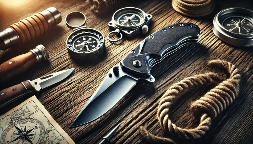 A knife, compass, and various tools are arranged on a wooden table, showcasing a top rated pocket knife among them.