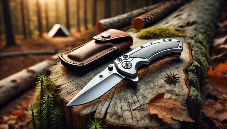 A knife and a leather case resting on a log, showcasing the best USA made EDC knife under $100.