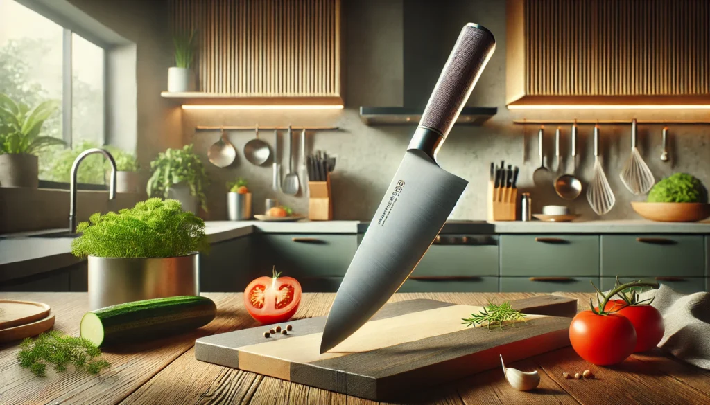 A kitchen knife rests on a cutting board, showcasing the best USA made knife under $50 for everyday cooking tasks.