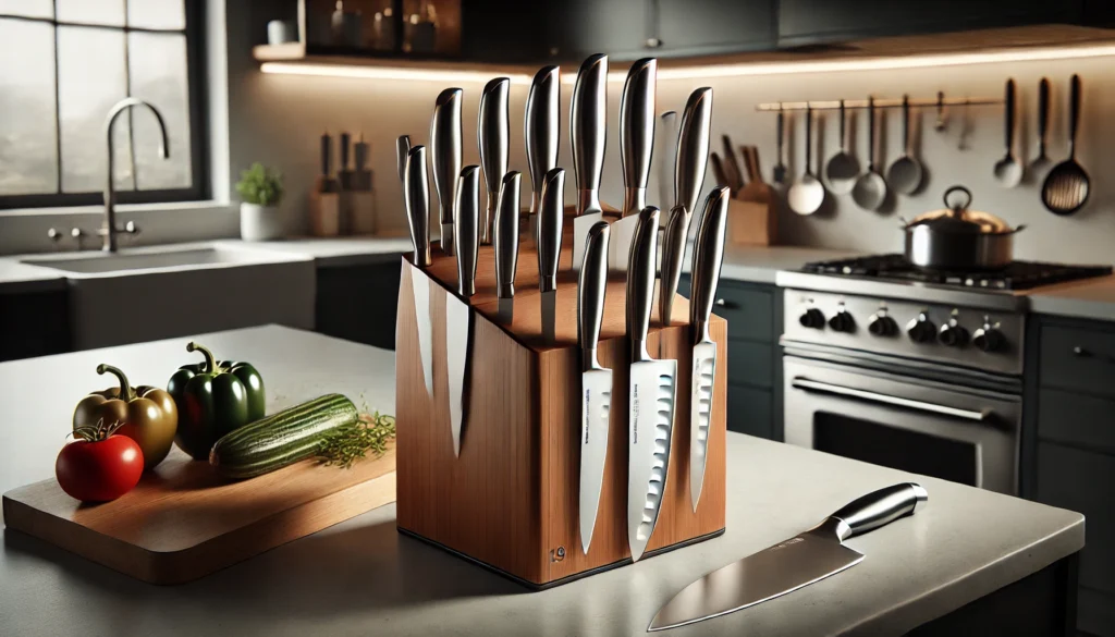 A kitchen counter featuring a knife block, showcasing the best knife set for home cooking.