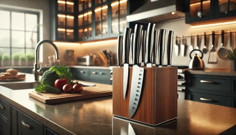 A knife rack in a kitchen displaying various knives, showcasing the Best Budget Kitchen Knife Set for home cooking.