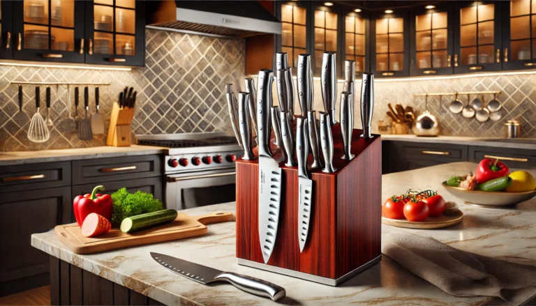 A kitchen scene featuring a wooden cutting board with knives, showcasing a top rated kitchen knife set for cooking.