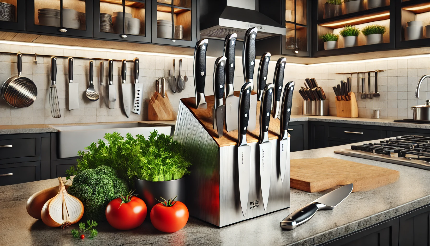 A kitchen counter displays a knife block alongside various vegetables, ideal for using the best knife set under $100.