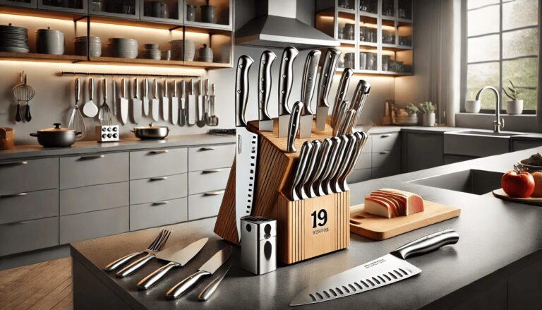 A kitchen featuring a large knife rack and a prominent knife, ideal for anyone seeking the best knife set under $200.