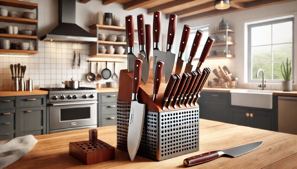 A kitchen counter displaying a set of knives, ideal for any home chef seeking the best kitchen knife set for home chefs.