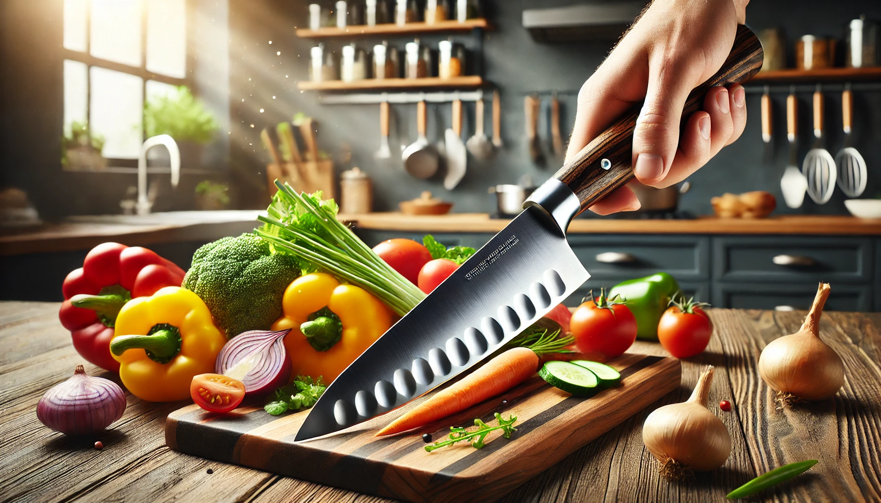 A person holds a knife above a cutting board filled with fresh vegetables, using the Best Knife for Vegetable Cutting.