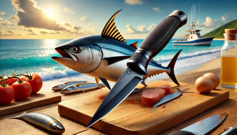 A knife and a fish on a cutting board by the ocean, showcasing the Best Fillet Knife for Saltwater Fish.