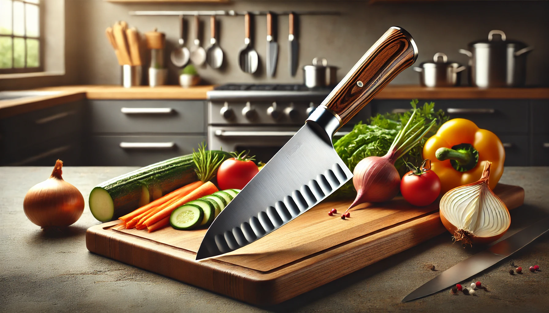 A kitchen knife rests on a cutting board surrounded by fresh vegetables, showcasing the Best Knife for Chopping Vegetables.