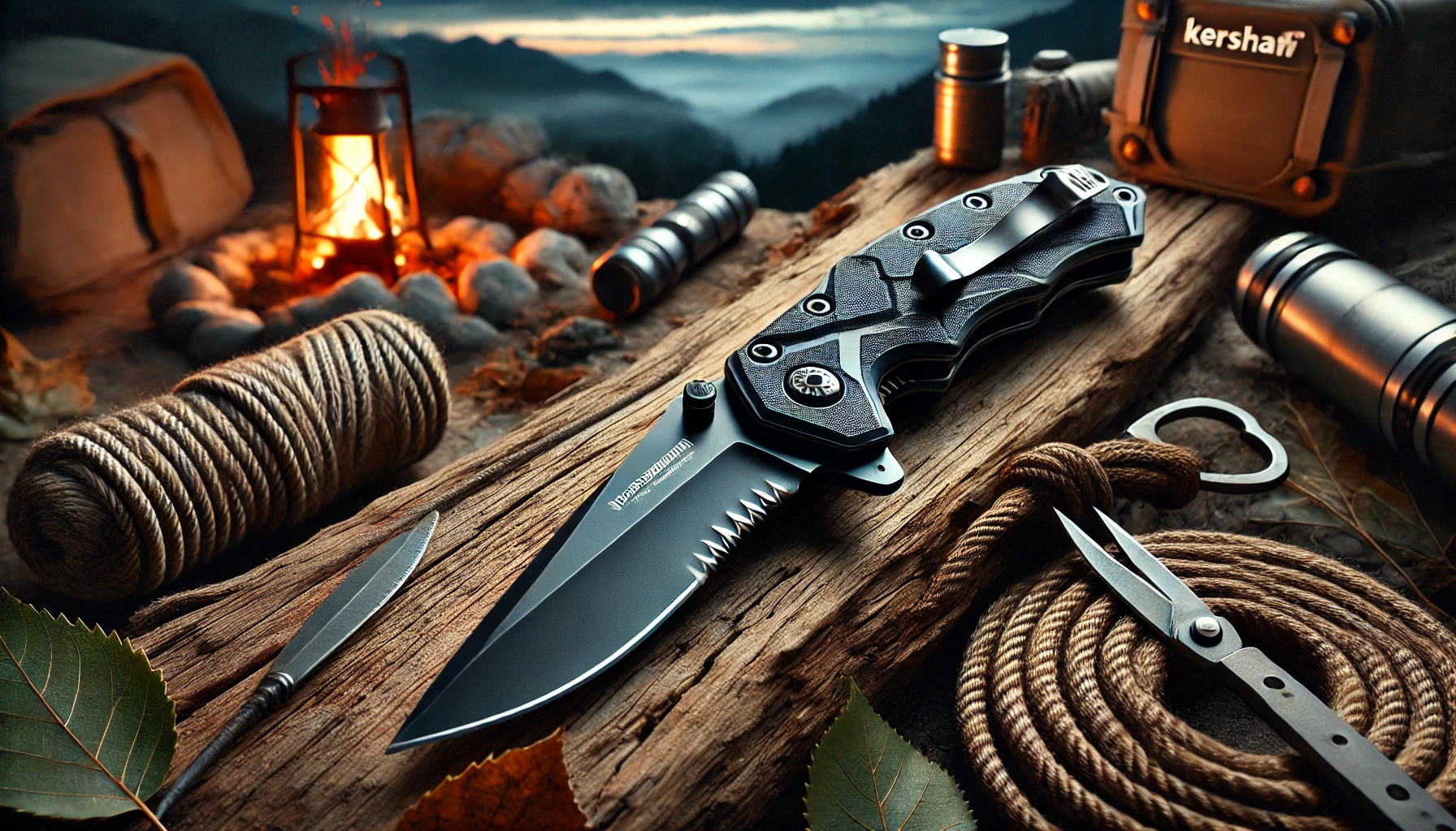 A knife rests on a log alongside various tools, showcasing the Best Otf Knife Under $100 in a natural setting.