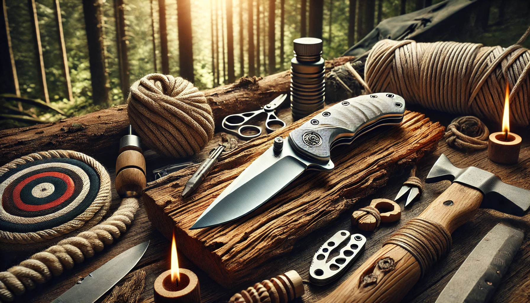 A knife, scissors, and various tools are placed on a log, showcasing the Best Bushcraft Knife Under $100.