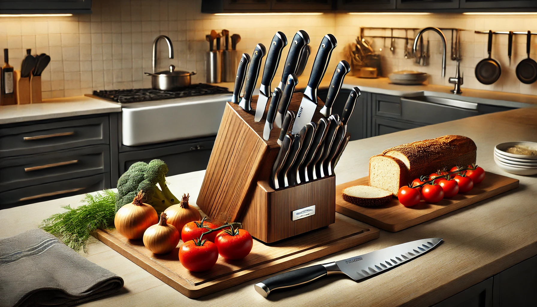 A kitchen counter featuring a knife block and a knife, showcasing the Best Knife Set Under $300 for home cooking.