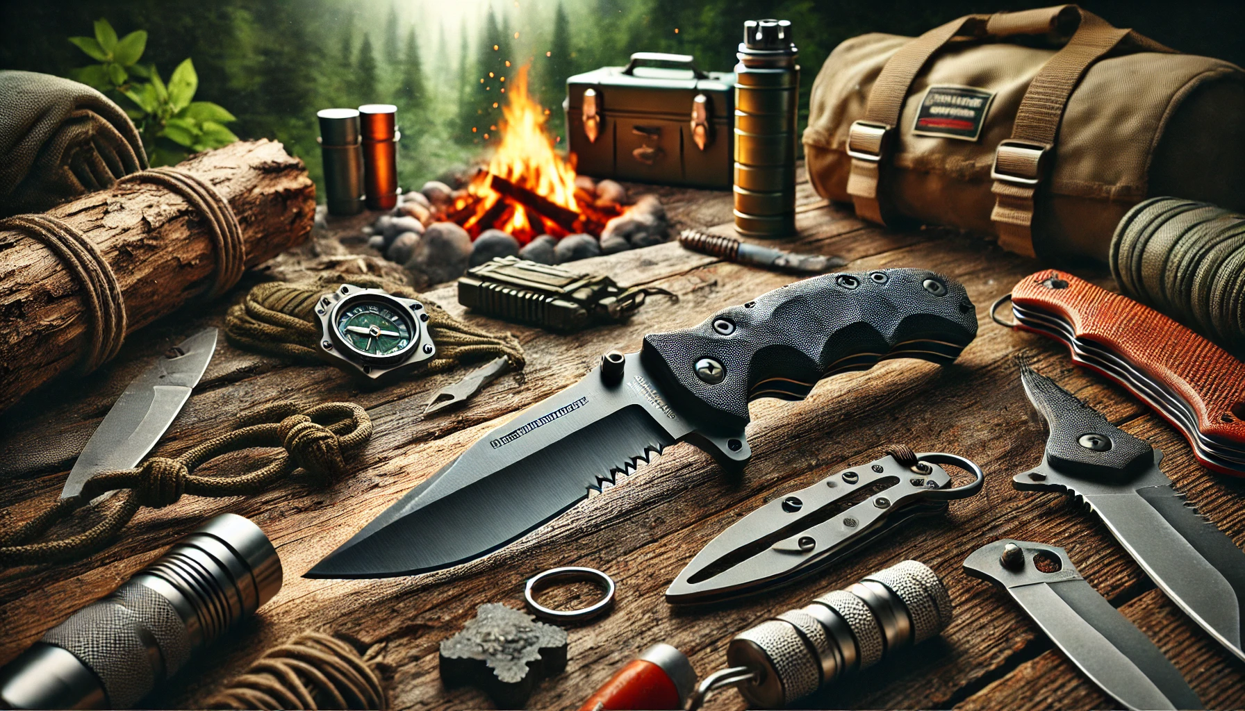 A knife and various tools are arranged on a table, showcasing the Best Fixed Blade Knife Under $50.